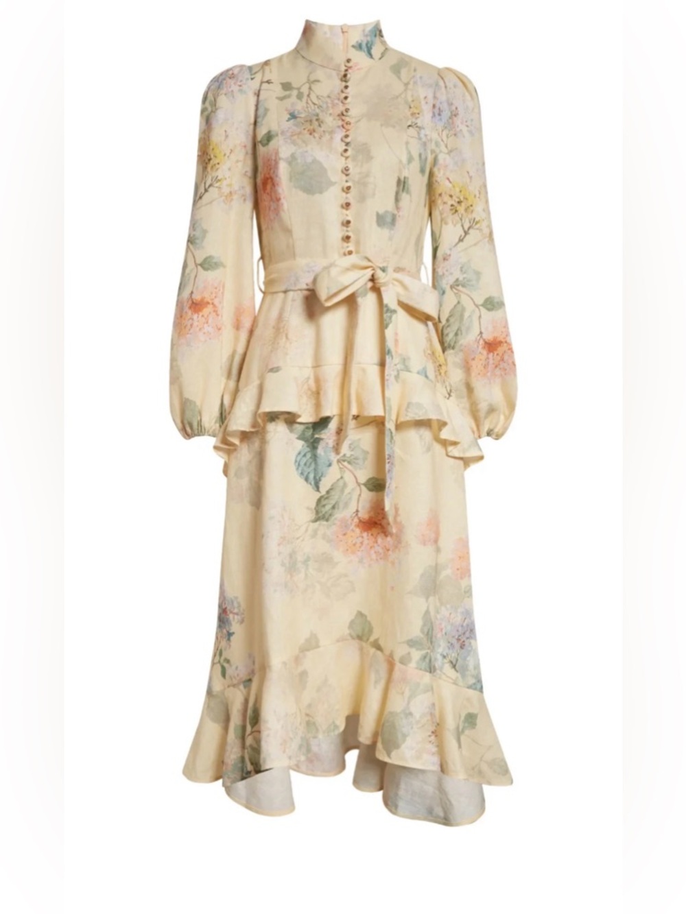 Zimmermann Floral Print Belted Linen Midi Dress